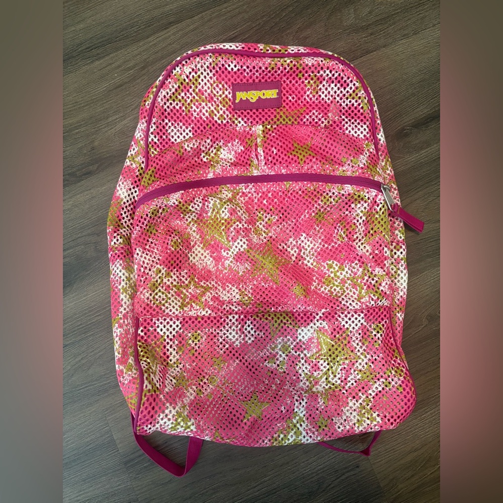 Jansport Pink and Goldfish Star Mesh Backpack